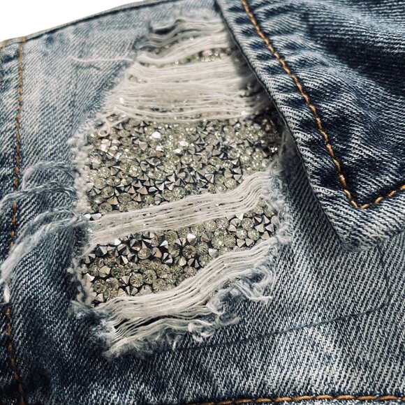 Juicy Couture XS Rhinestone Distressed Denim Jacket Y2K Bling Glam Grunge - Picture 11 of 13